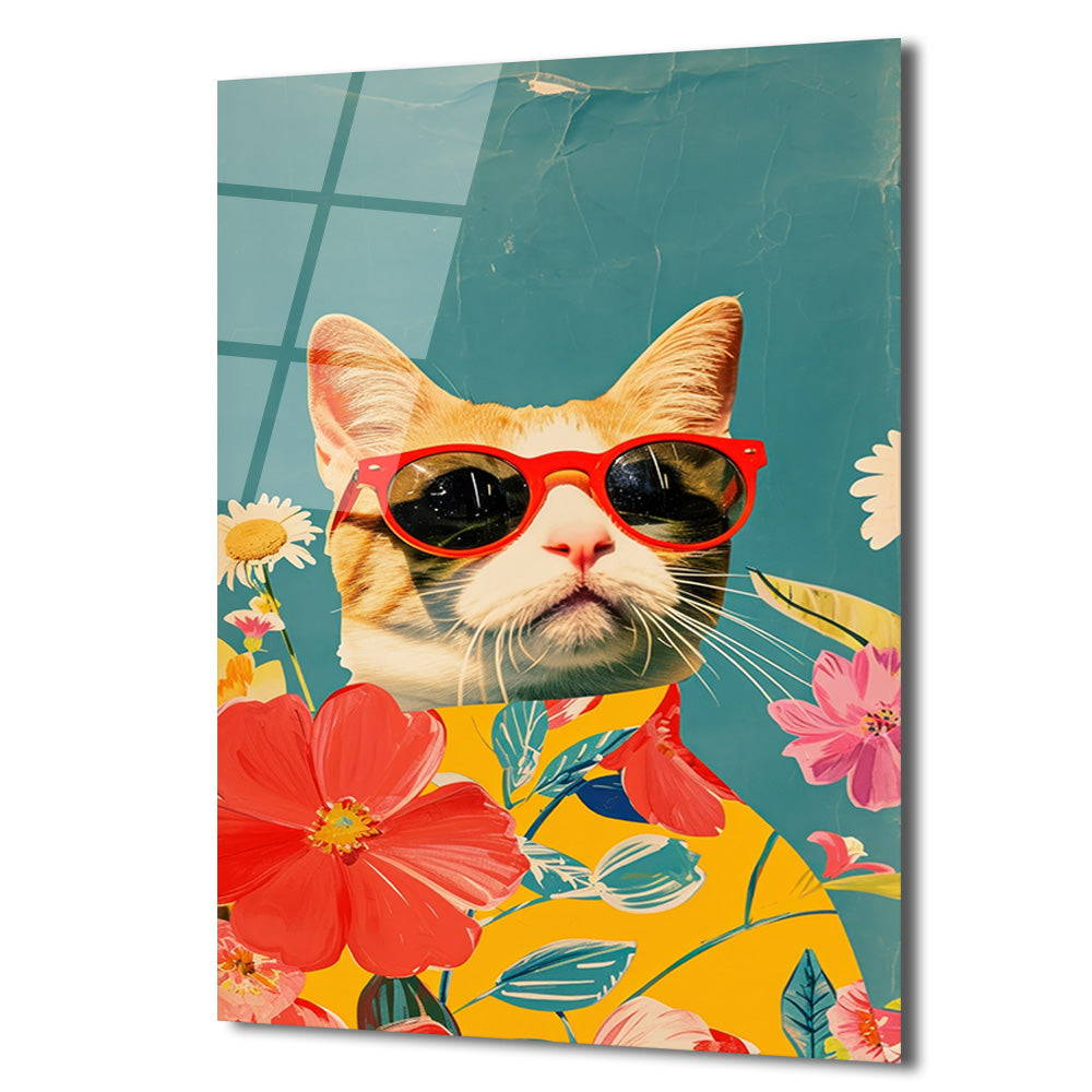 Havalı Kedi ve Çiçekler Cam Tablo | Modern Sanat Duvar Dekoru