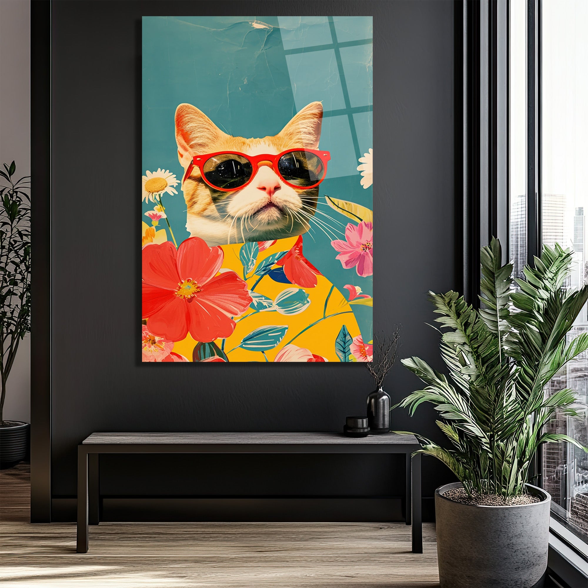 Havalı Kedi ve Çiçekler Cam Tablo | Modern Sanat Duvar Dekoru