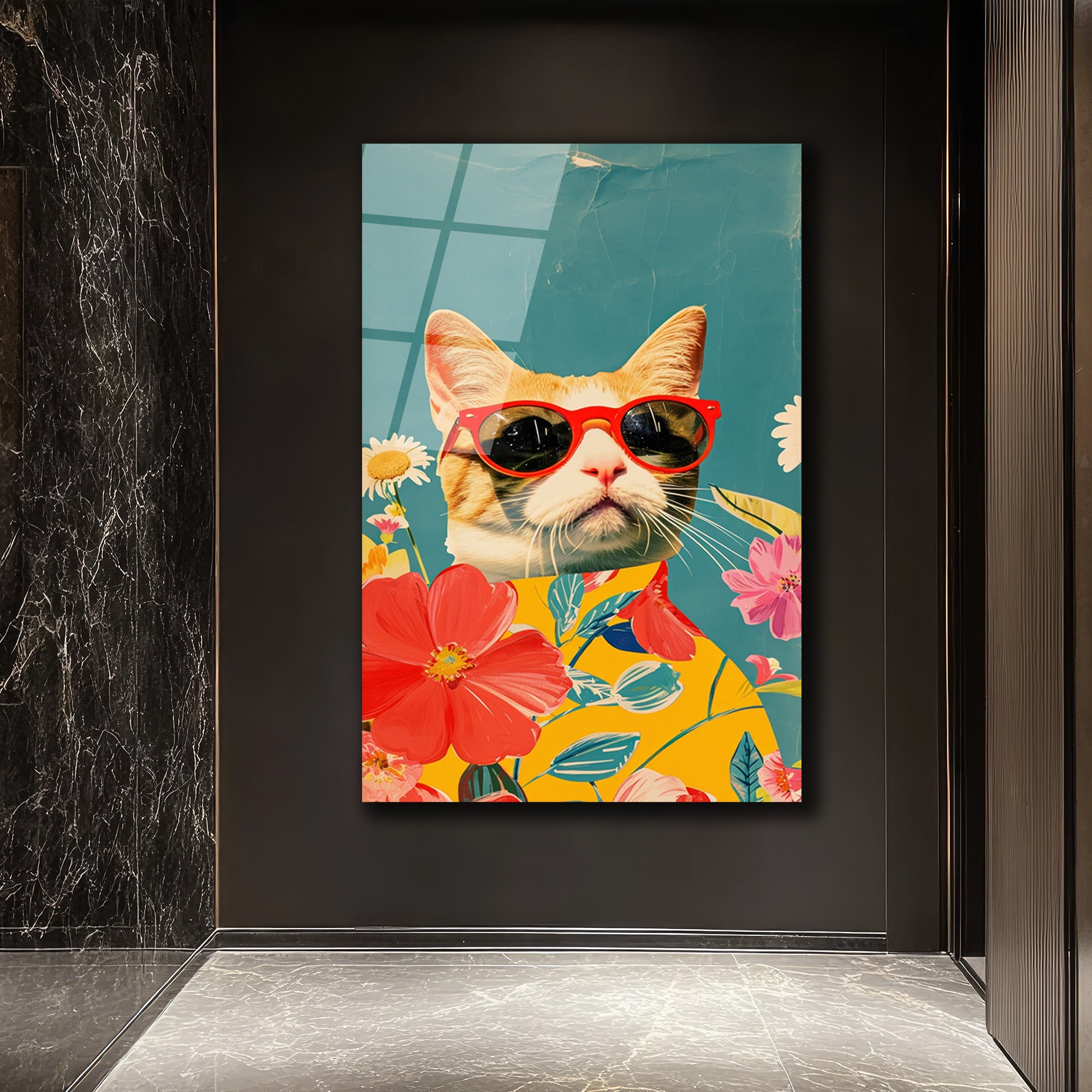 Havalı Kedi ve Çiçekler Cam Tablo | Modern Sanat Duvar Dekoru
