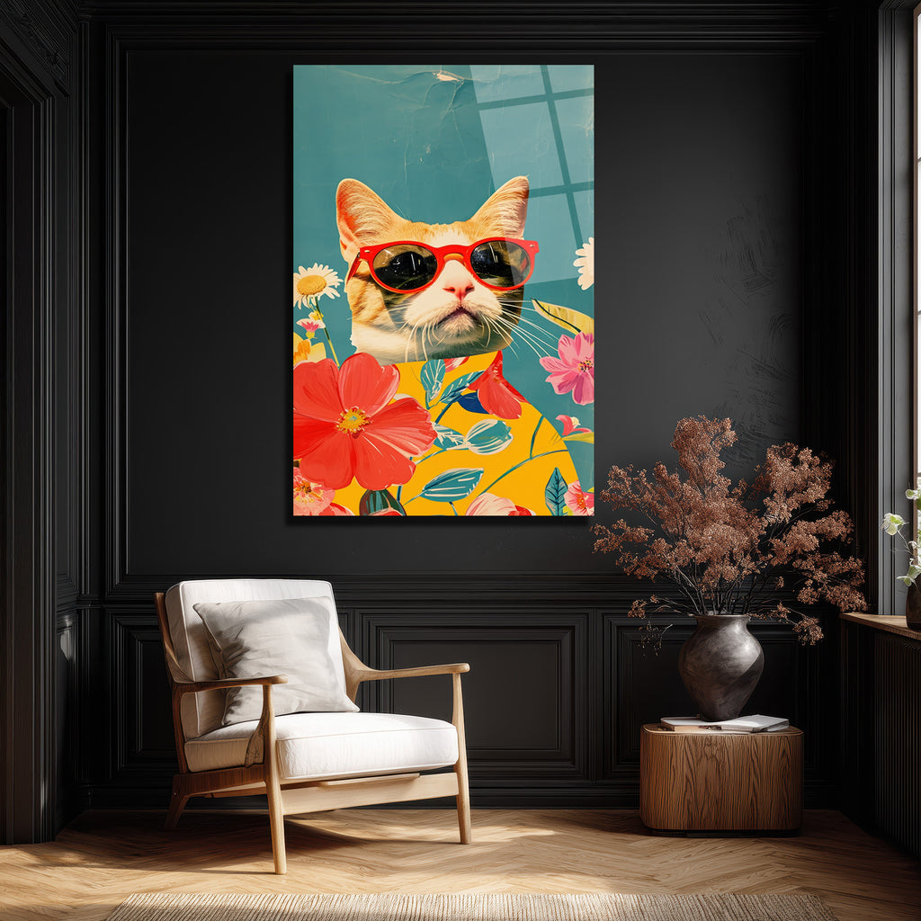 Havalı Kedi ve Çiçekler Cam Tablo | Modern Sanat Duvar Dekoru