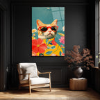 Havalı Kedi ve Çiçekler Cam Tablo | Modern Sanat Duvar Dekoru