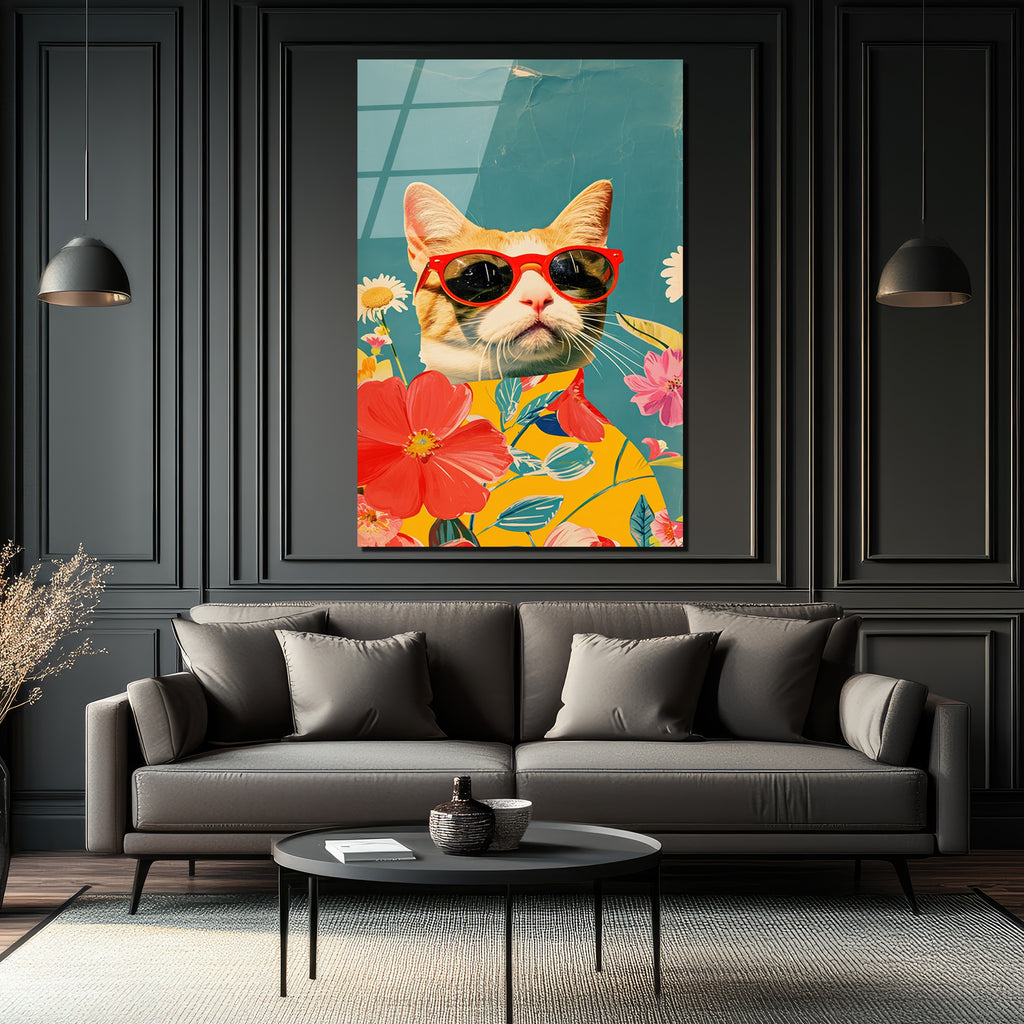 Havalı Kedi ve Çiçekler Cam Tablo | Modern Sanat Duvar Dekoru