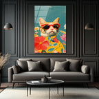 Havalı Kedi ve Çiçekler Cam Tablo | Modern Sanat Duvar Dekoru