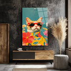 Havalı Kedi ve Çiçekler Cam Tablo | Modern Sanat Duvar Dekoru