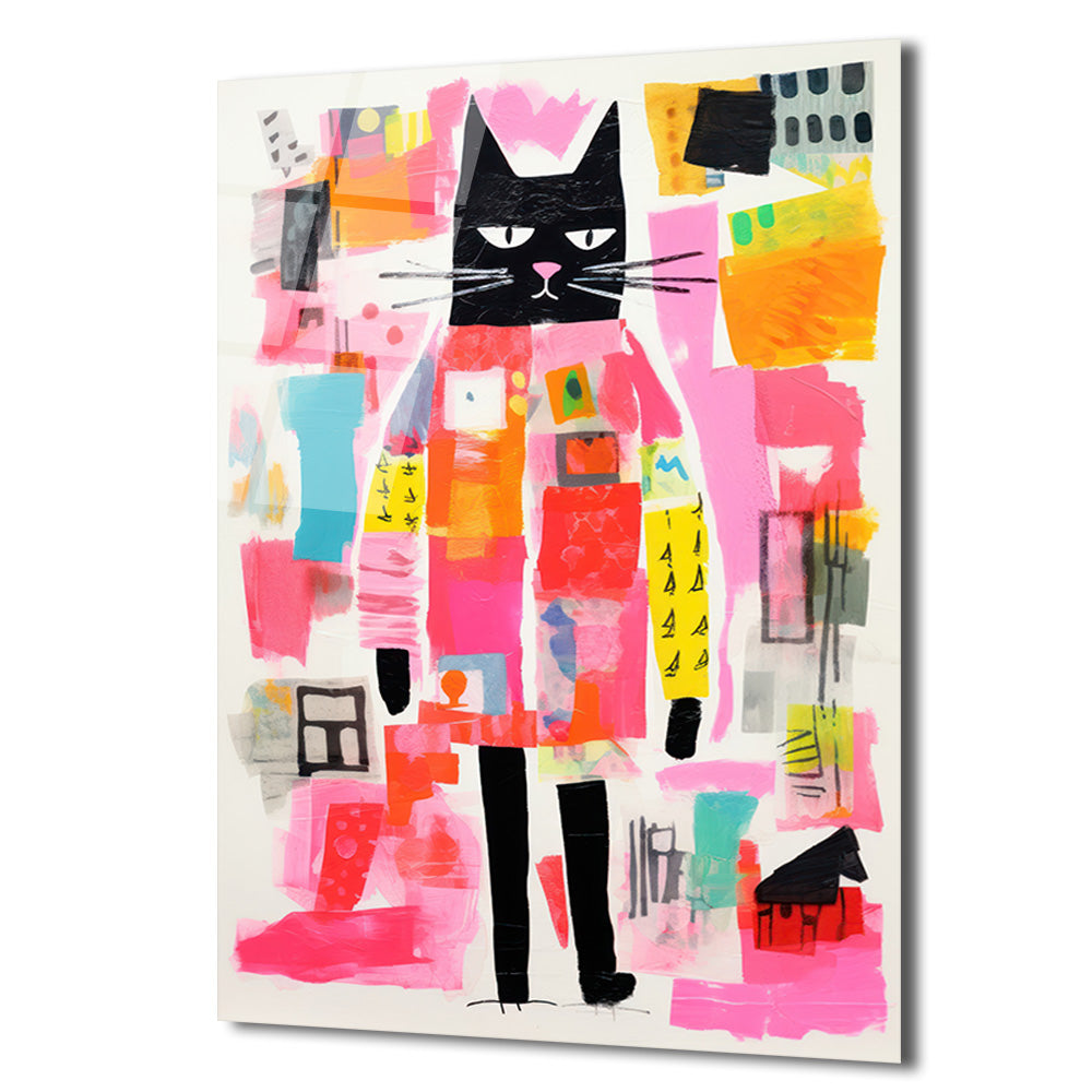 Neşeli Kedi Soyut Sanat Cam Tablo - Modern Duvar Dekoru