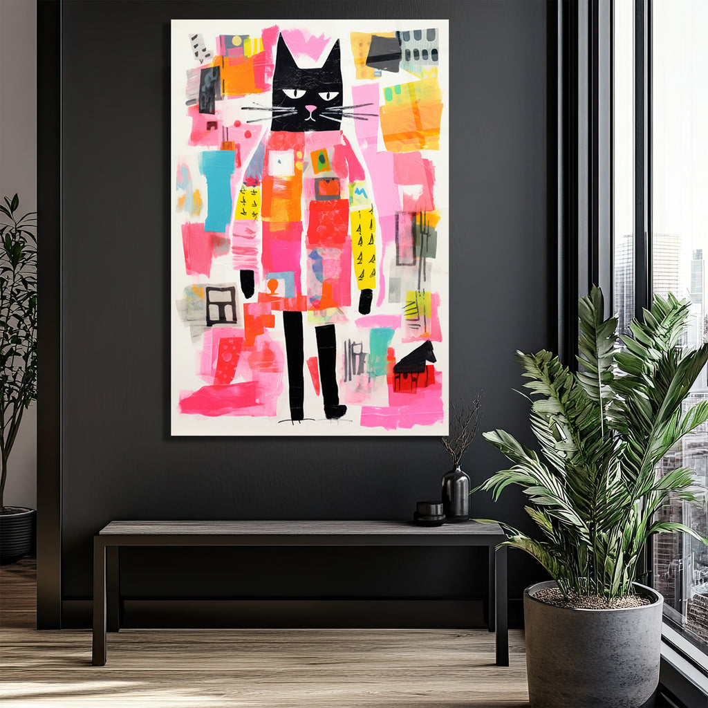 Neşeli Kedi Soyut Sanat Cam Tablo - Modern Duvar Dekoru