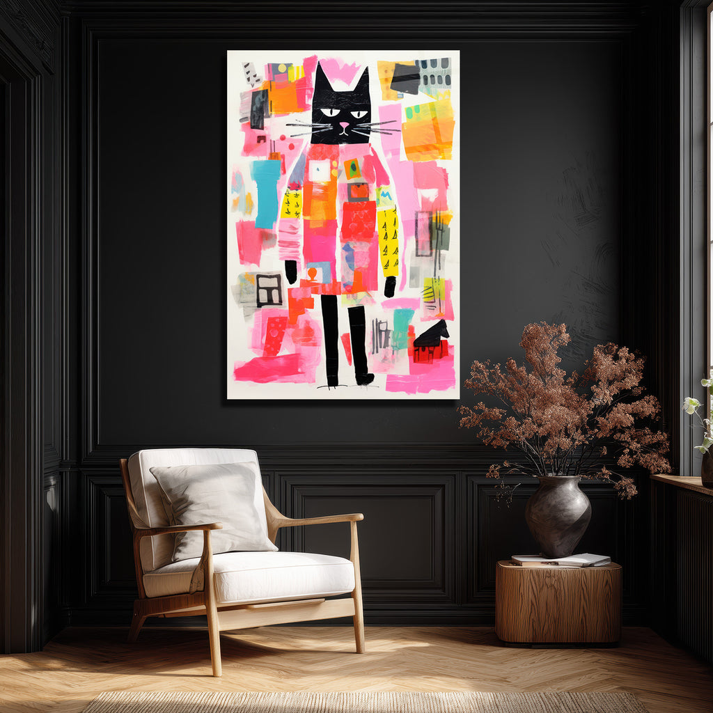 Neşeli Kedi Soyut Sanat Cam Tablo - Modern Duvar Dekoru