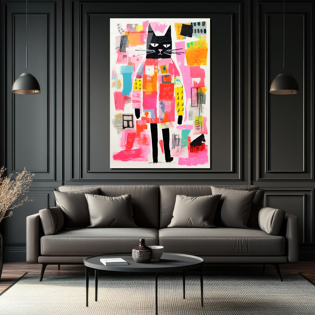 Neşeli Kedi Soyut Sanat Cam Tablo - Modern Duvar Dekoru