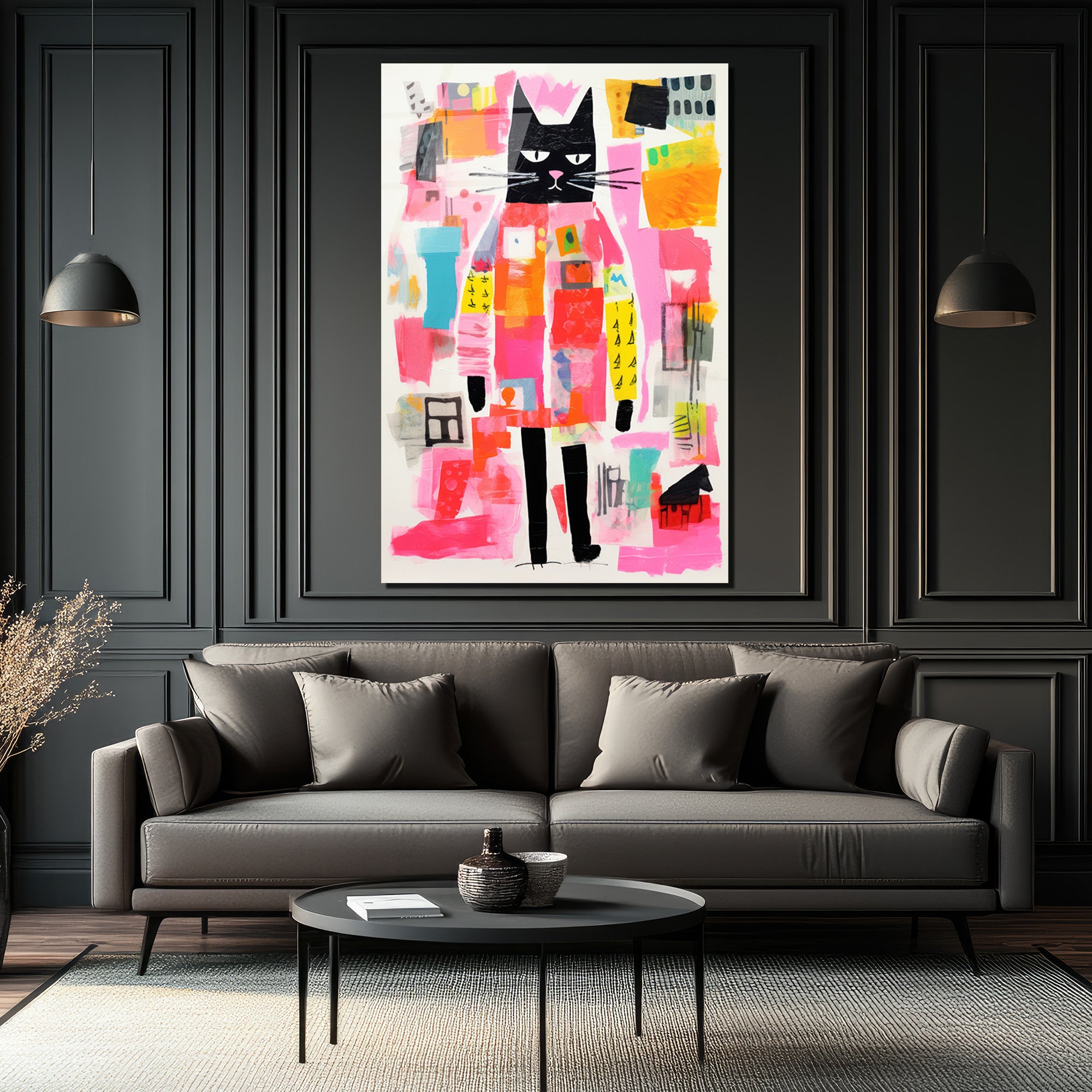 Neşeli Kedi Soyut Sanat Cam Tablo - Modern Duvar Dekoru