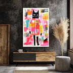 Neşeli Kedi Soyut Sanat Cam Tablo - Modern Duvar Dekoru