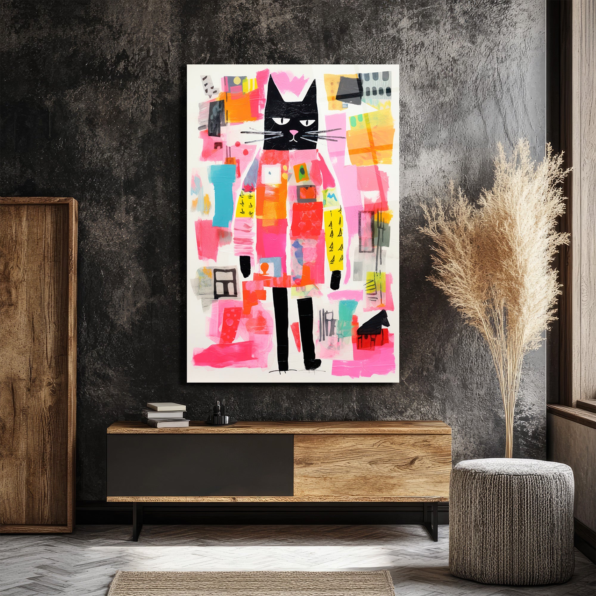Neşeli Kedi Soyut Sanat Cam Tablo - Modern Duvar Dekoru