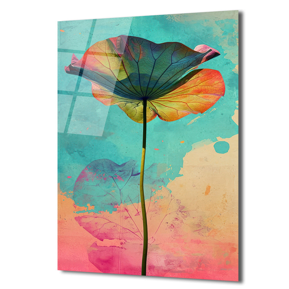 Canlı Renklerle Lotus Yaprağı Cam Tablo | Modern Sanat Duvar Dekoru