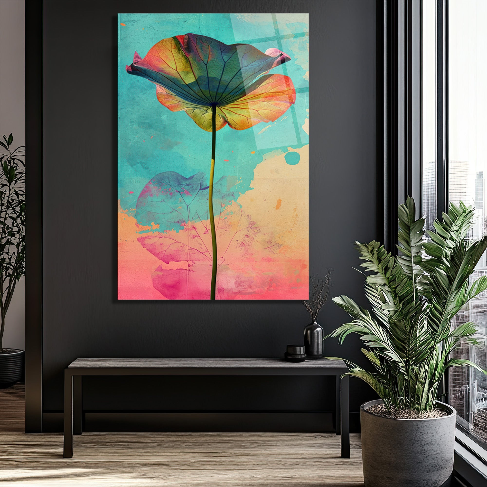 Canlı Renklerle Lotus Yaprağı Cam Tablo | Modern Sanat Duvar Dekoru