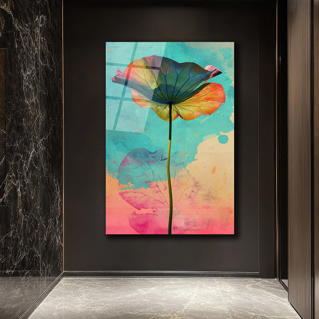Canlı Renklerle Lotus Yaprağı Cam Tablo | Modern Sanat Duvar Dekoru