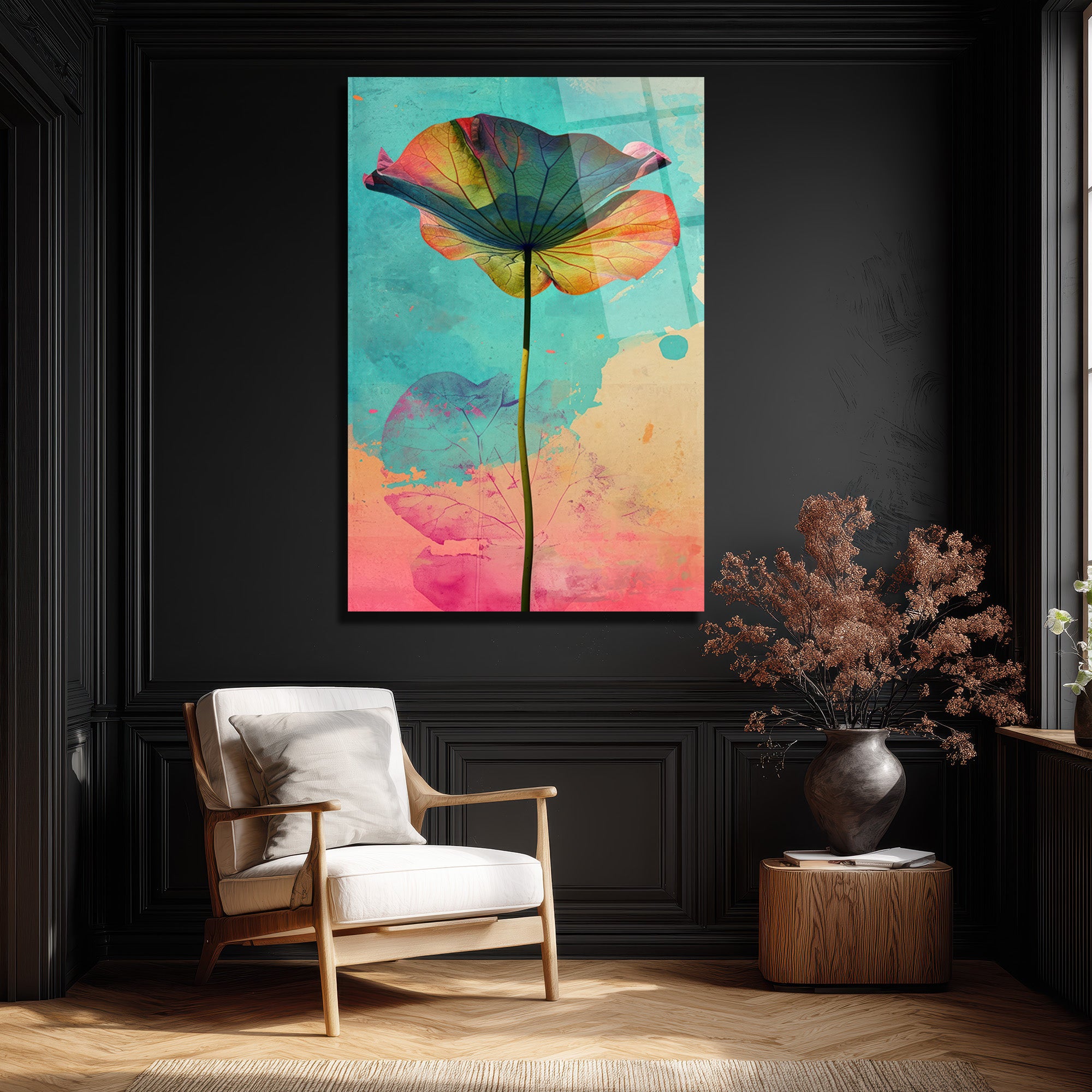 Canlı Renklerle Lotus Yaprağı Cam Tablo | Modern Sanat Duvar Dekoru