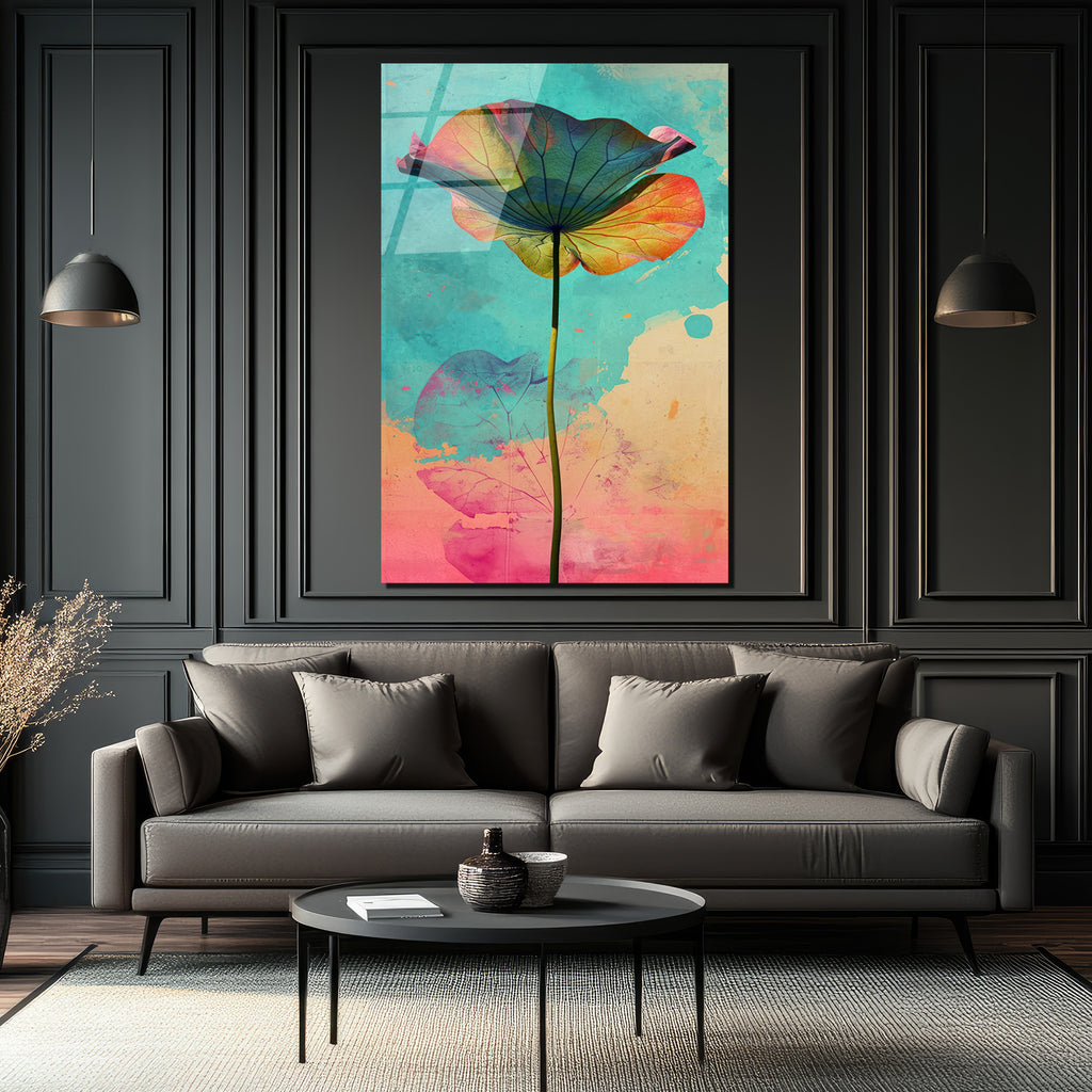 Canlı Renklerle Lotus Yaprağı Cam Tablo | Modern Sanat Duvar Dekoru