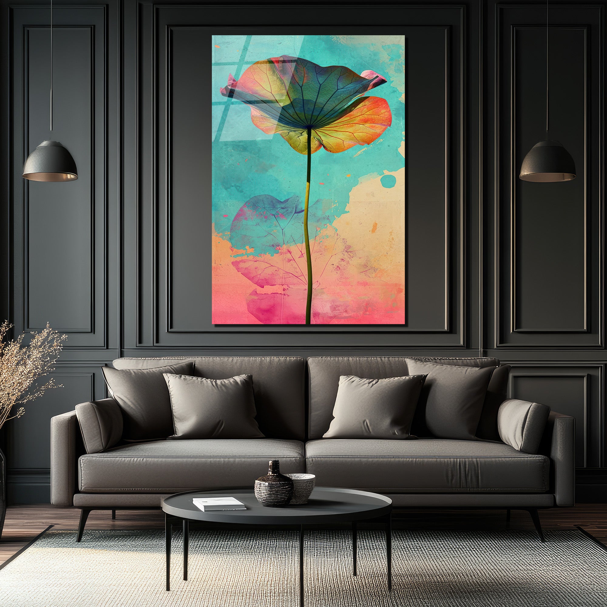 Canlı Renklerle Lotus Yaprağı Cam Tablo | Modern Sanat Duvar Dekoru