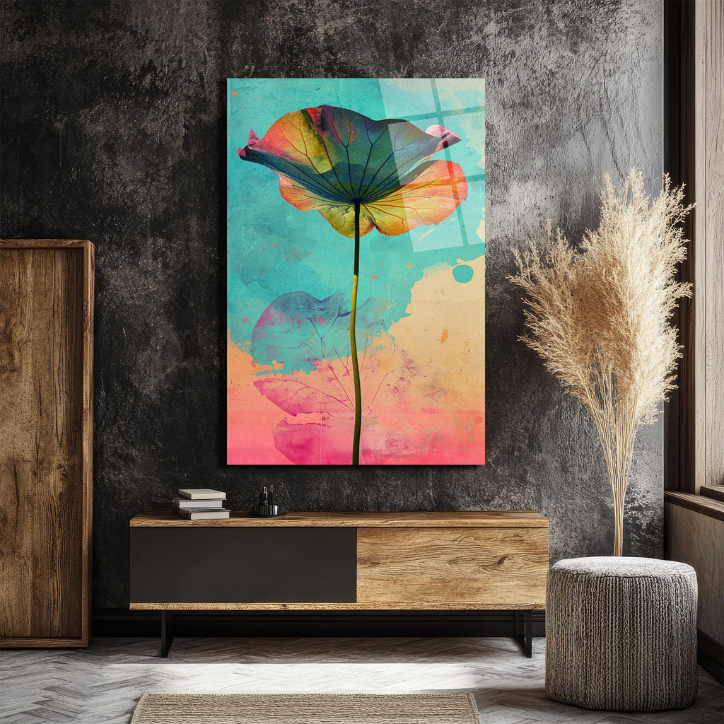 Canlı Renklerle Lotus Yaprağı Cam Tablo | Modern Sanat Duvar Dekoru