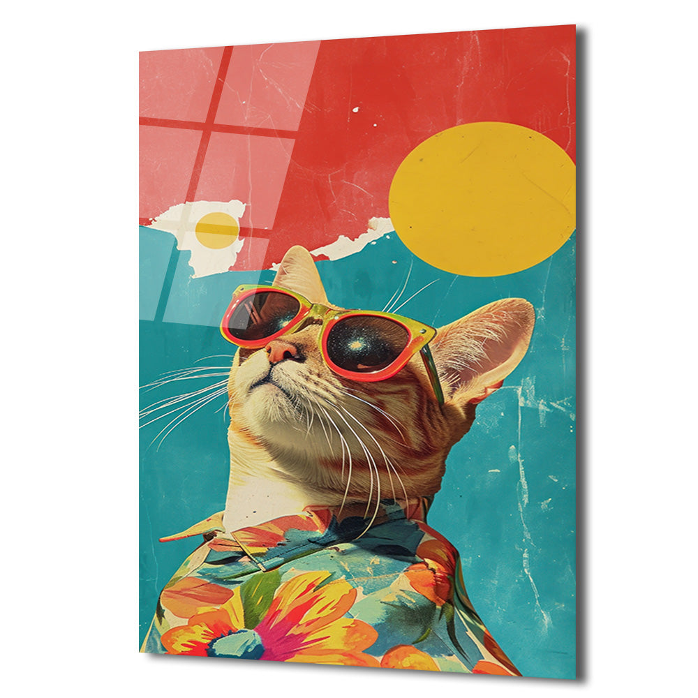 Güneş Gözlüklü Havalı Kedi: Retro Pop Art Cam Tablo