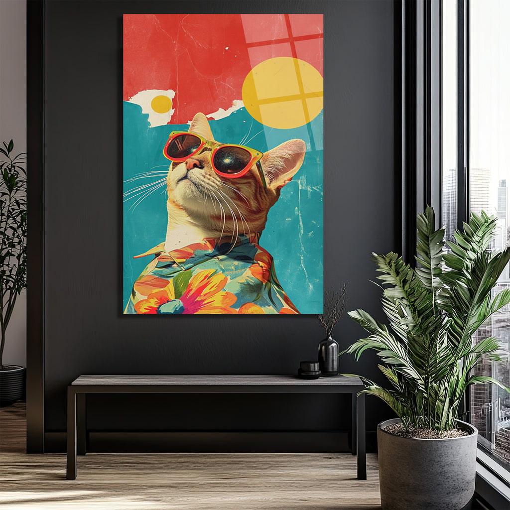 Güneş Gözlüklü Havalı Kedi: Retro Pop Art Cam Tablo