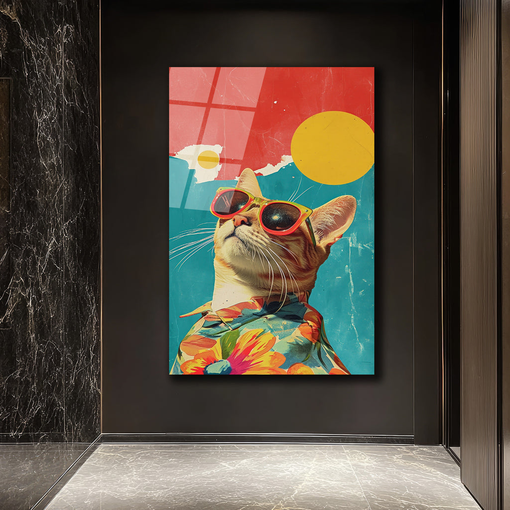 Güneş Gözlüklü Havalı Kedi: Retro Pop Art Cam Tablo