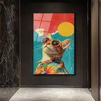 Güneş Gözlüklü Havalı Kedi: Retro Pop Art Cam Tablo