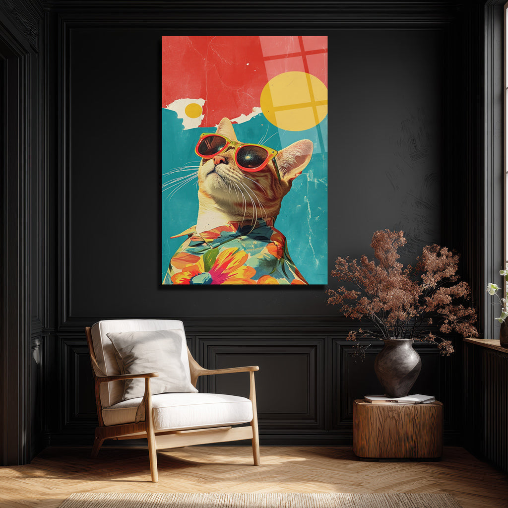 Güneş Gözlüklü Havalı Kedi: Retro Pop Art Cam Tablo