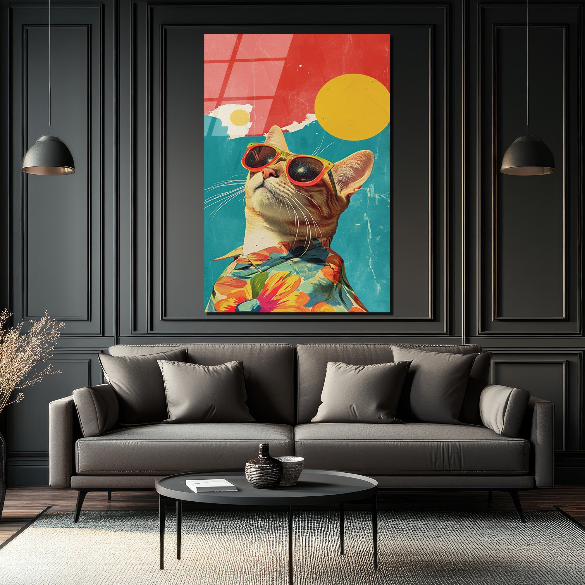 Güneş Gözlüklü Havalı Kedi: Retro Pop Art Cam Tablo