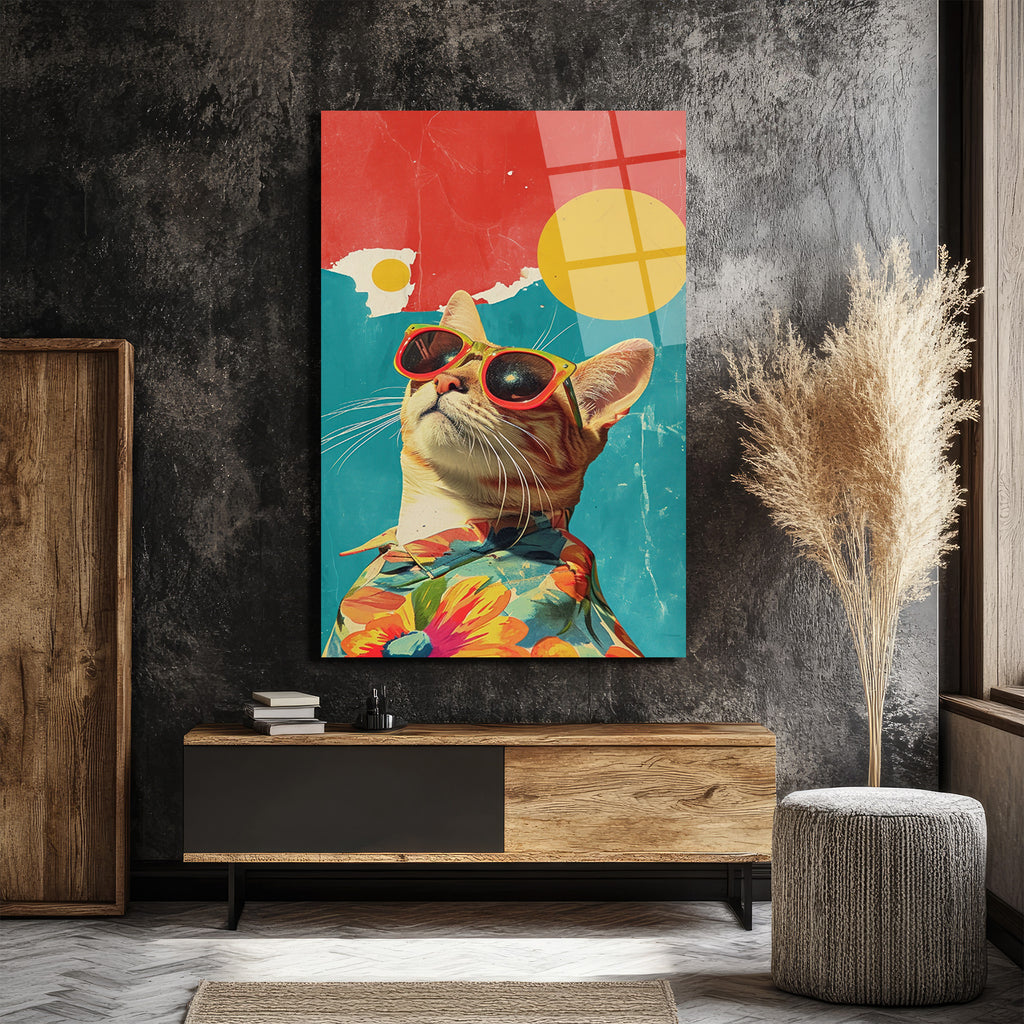 Güneş Gözlüklü Havalı Kedi: Retro Pop Art Cam Tablo