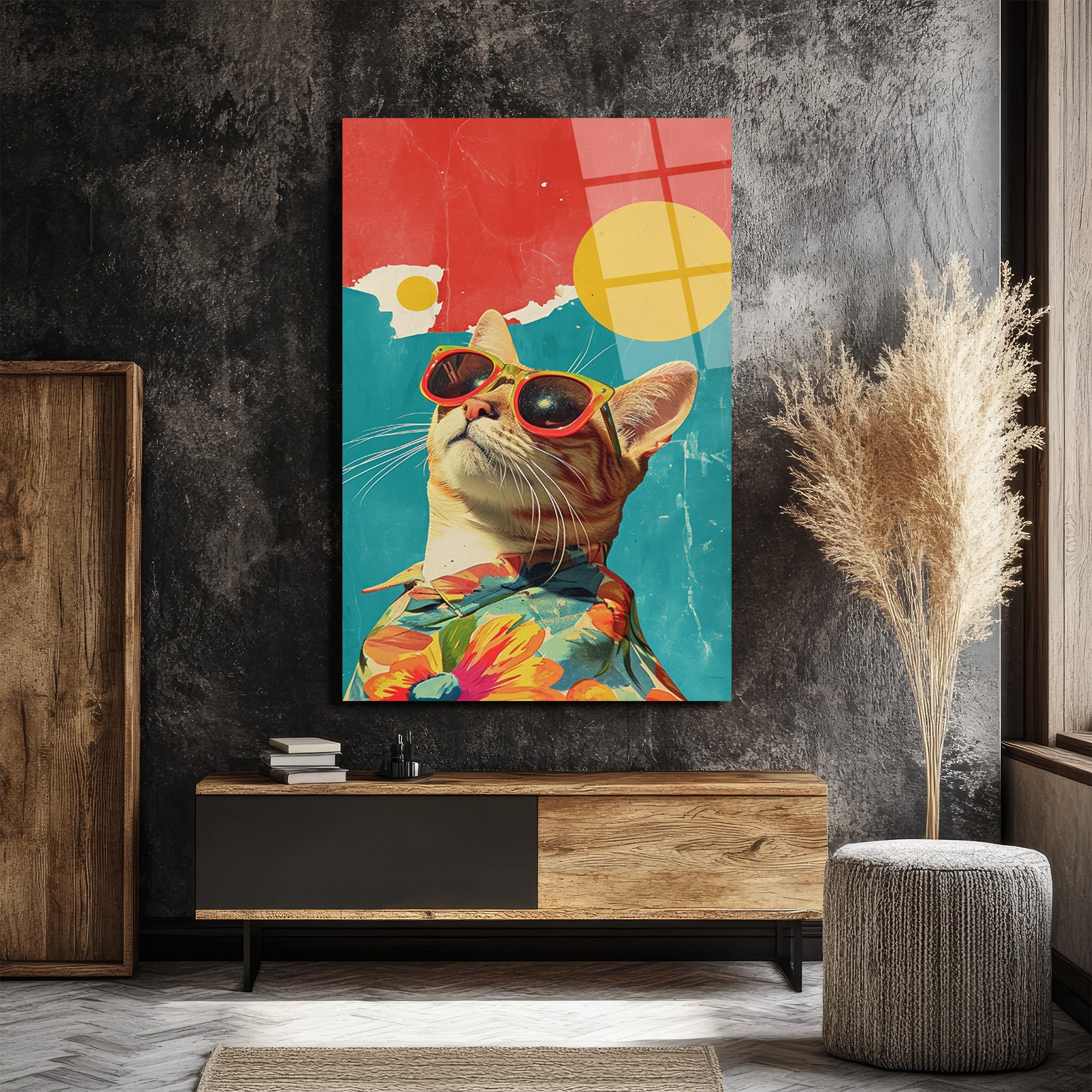 Güneş Gözlüklü Havalı Kedi: Retro Pop Art Cam Tablo