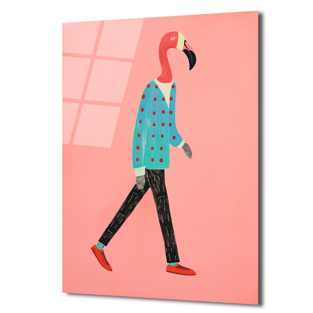 Modern Flamingo Yürüyüşü Cam Tablo | Sanatsal Duvar Dekorasyonu
