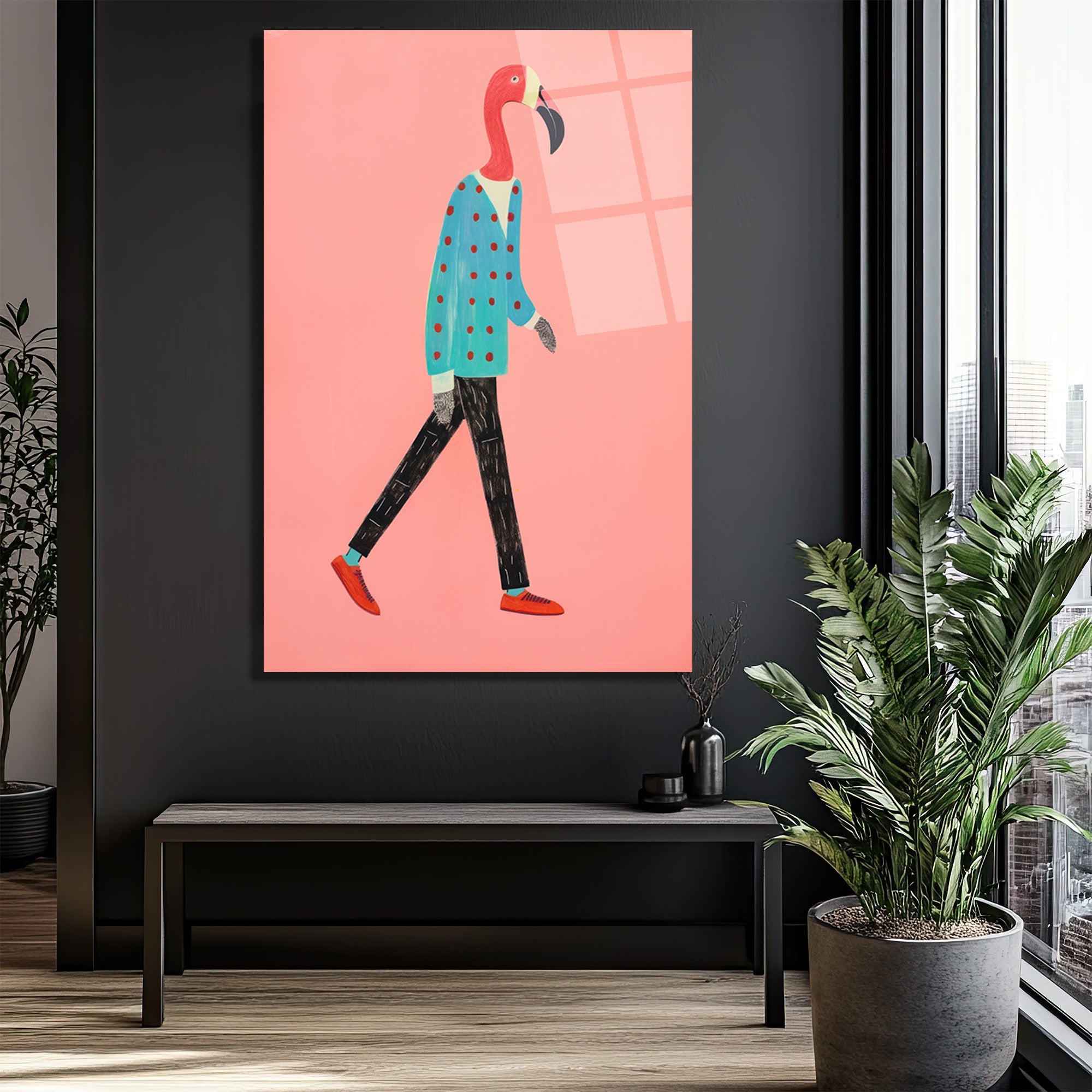 Modern Flamingo Yürüyüşü Cam Tablo | Sanatsal Duvar Dekorasyonu