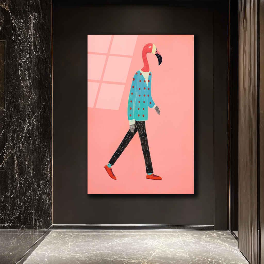 Modern Flamingo Yürüyüşü Cam Tablo | Sanatsal Duvar Dekorasyonu