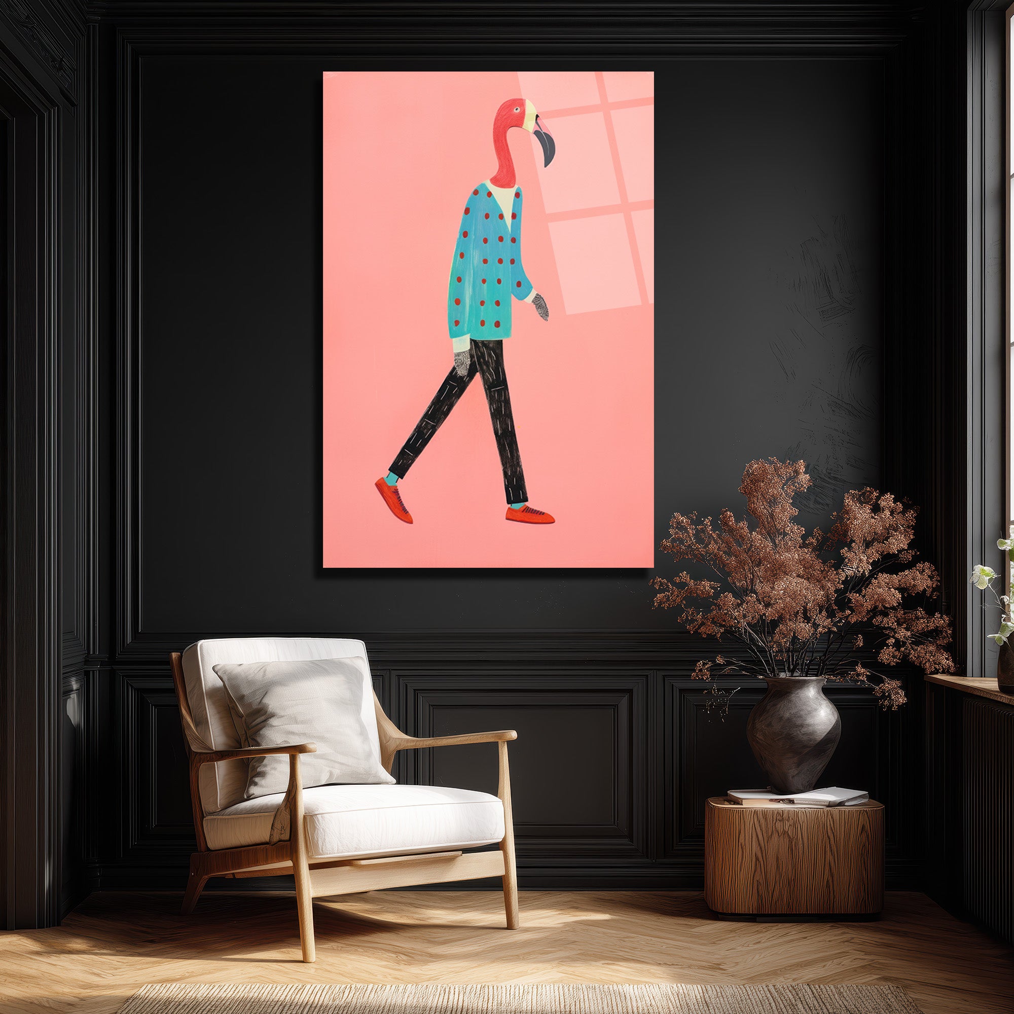 Modern Flamingo Yürüyüşü Cam Tablo | Sanatsal Duvar Dekorasyonu