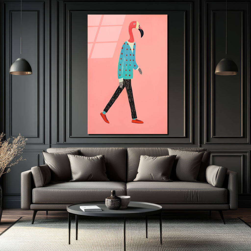 Modern Flamingo Yürüyüşü Cam Tablo | Sanatsal Duvar Dekorasyonu