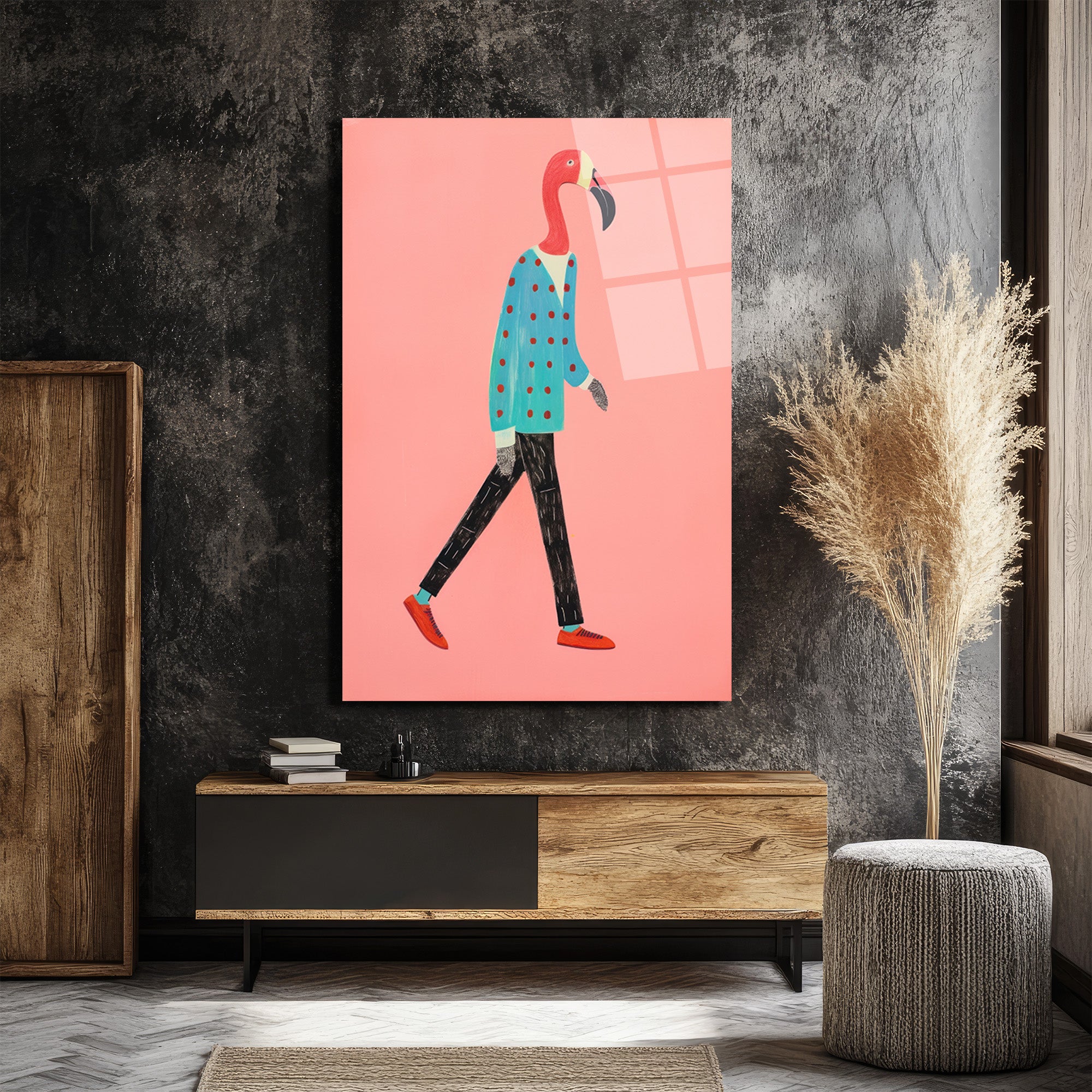 Modern Flamingo Yürüyüşü Cam Tablo | Sanatsal Duvar Dekorasyonu