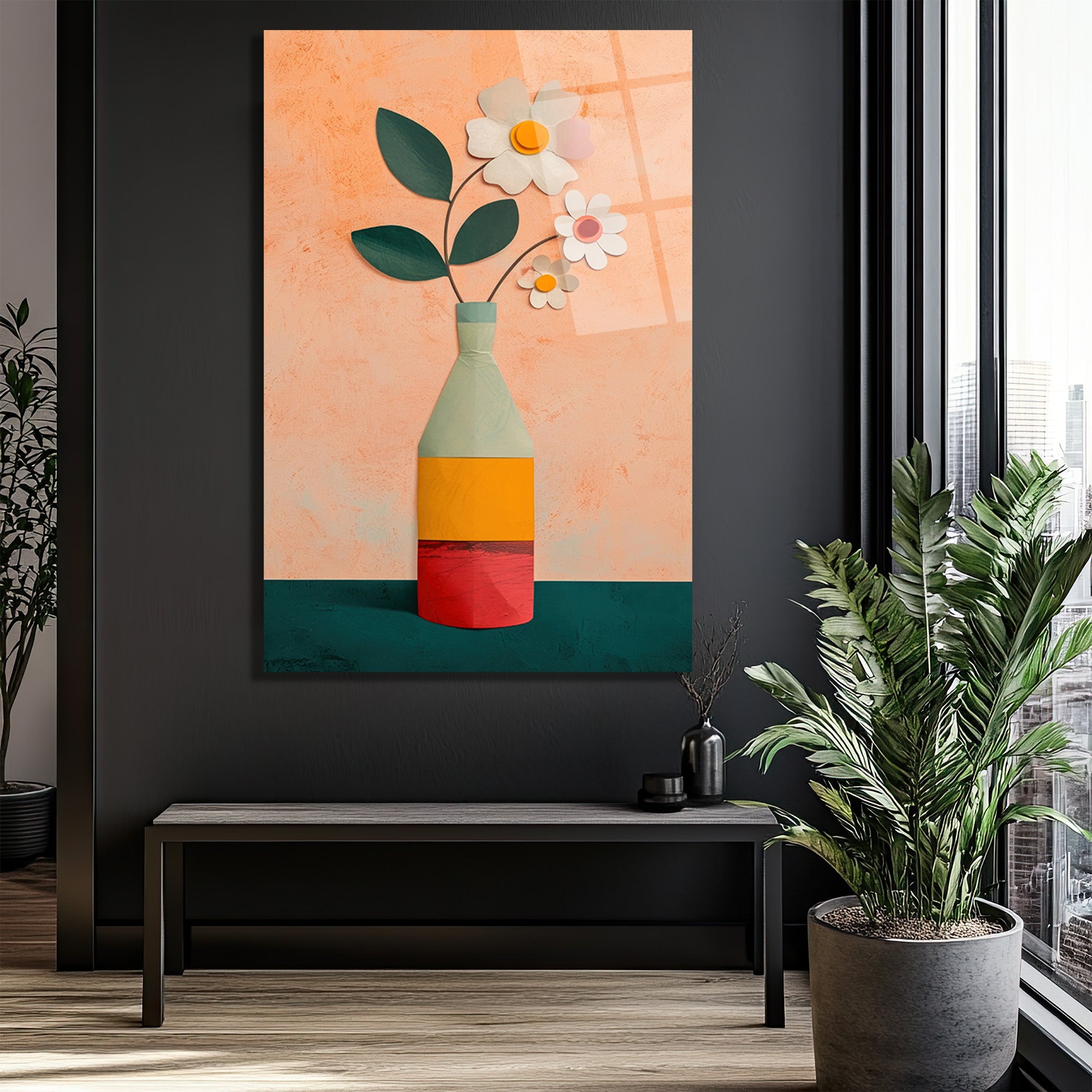 Minimalist Çiçek Vazo Temalı Modern Cam Tablo