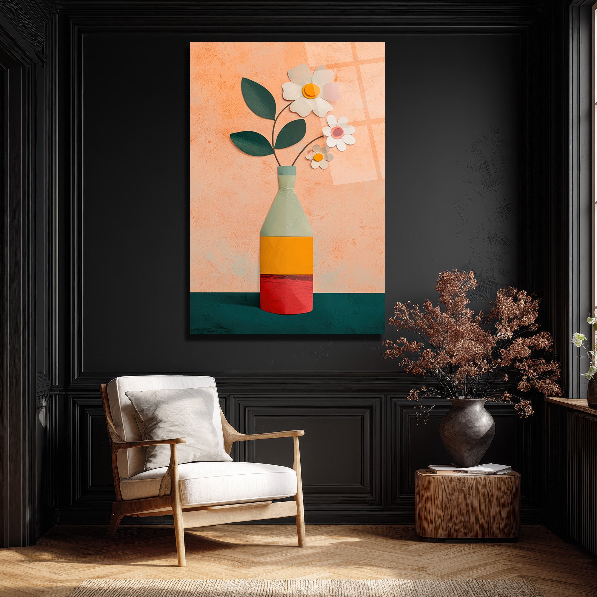 Minimalist Çiçek Vazo Temalı Modern Cam Tablo