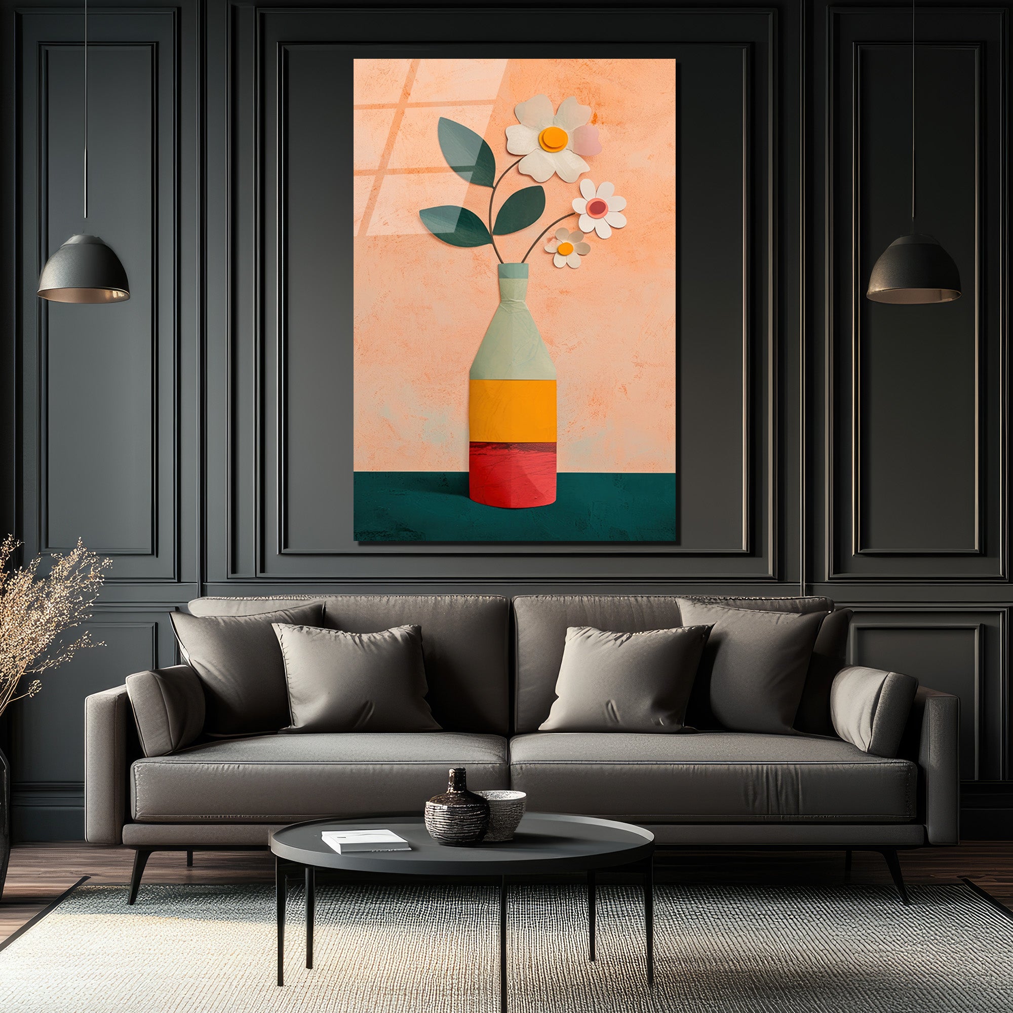 Minimalist Çiçek Vazo Temalı Modern Cam Tablo