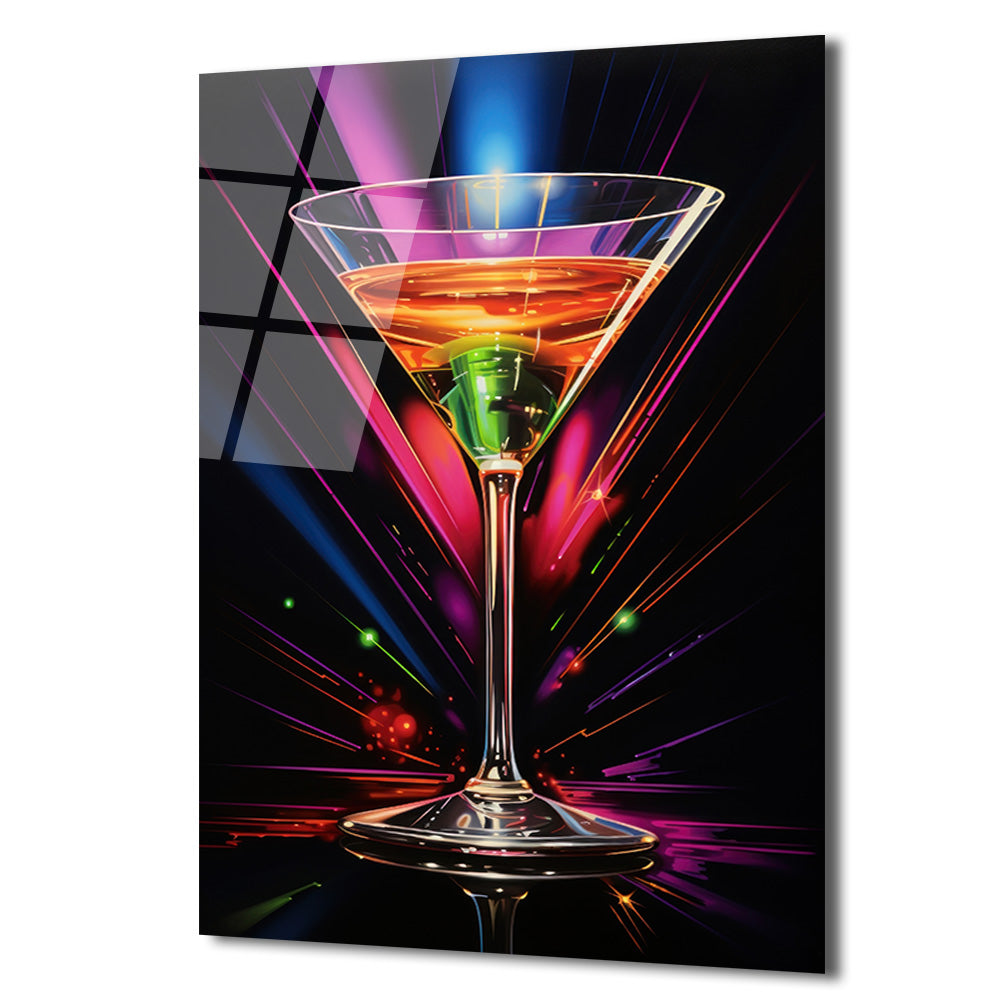 Neon Işıltılı Martini Kadehi Cam Tablo - Modern Bar Dekorasyonu