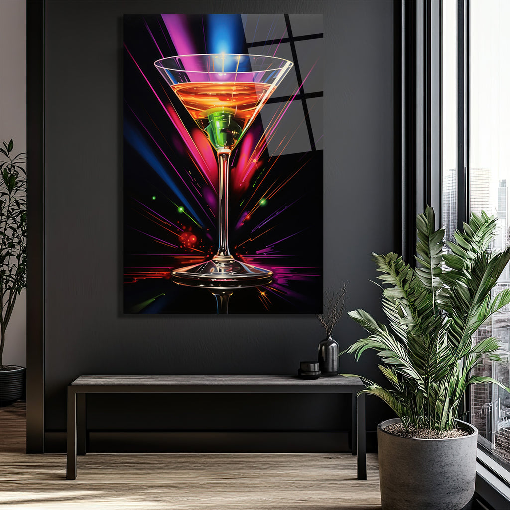 Neon Işıltılı Martini Kadehi Cam Tablo - Modern Bar Dekorasyonu