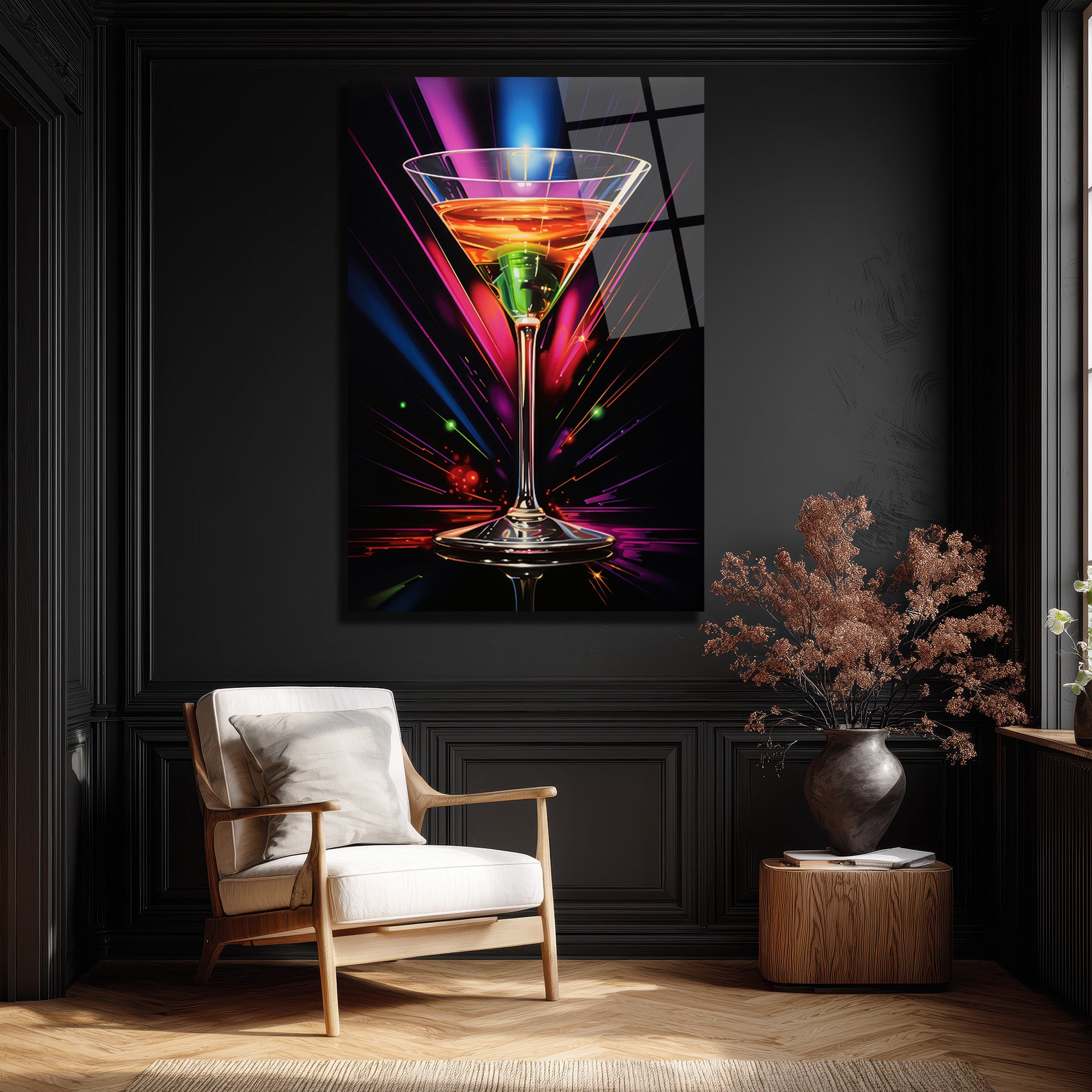 Neon Işıltılı Martini Kadehi Cam Tablo - Modern Bar Dekorasyonu
