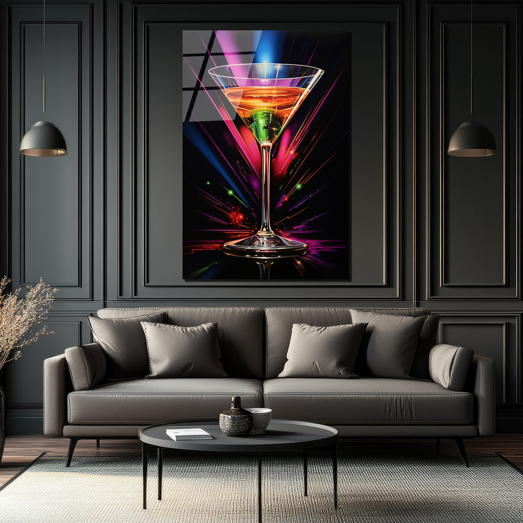 Neon Işıltılı Martini Kadehi Cam Tablo - Modern Bar Dekorasyonu