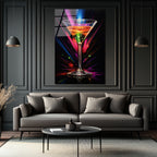 Neon Işıltılı Martini Kadehi Cam Tablo - Modern Bar Dekorasyonu