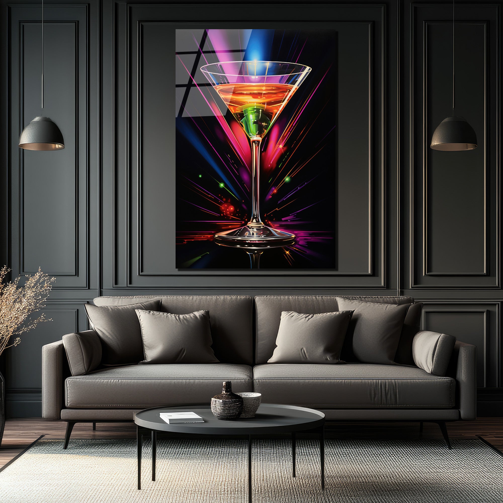 Neon Işıltılı Martini Kadehi Cam Tablo - Modern Bar Dekorasyonu