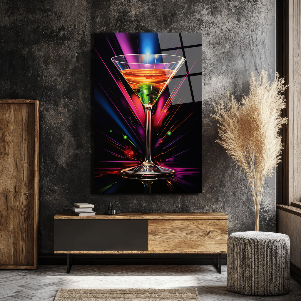 Neon Işıltılı Martini Kadehi Cam Tablo - Modern Bar Dekorasyonu