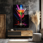 Neon Işıltılı Martini Kadehi Cam Tablo - Modern Bar Dekorasyonu