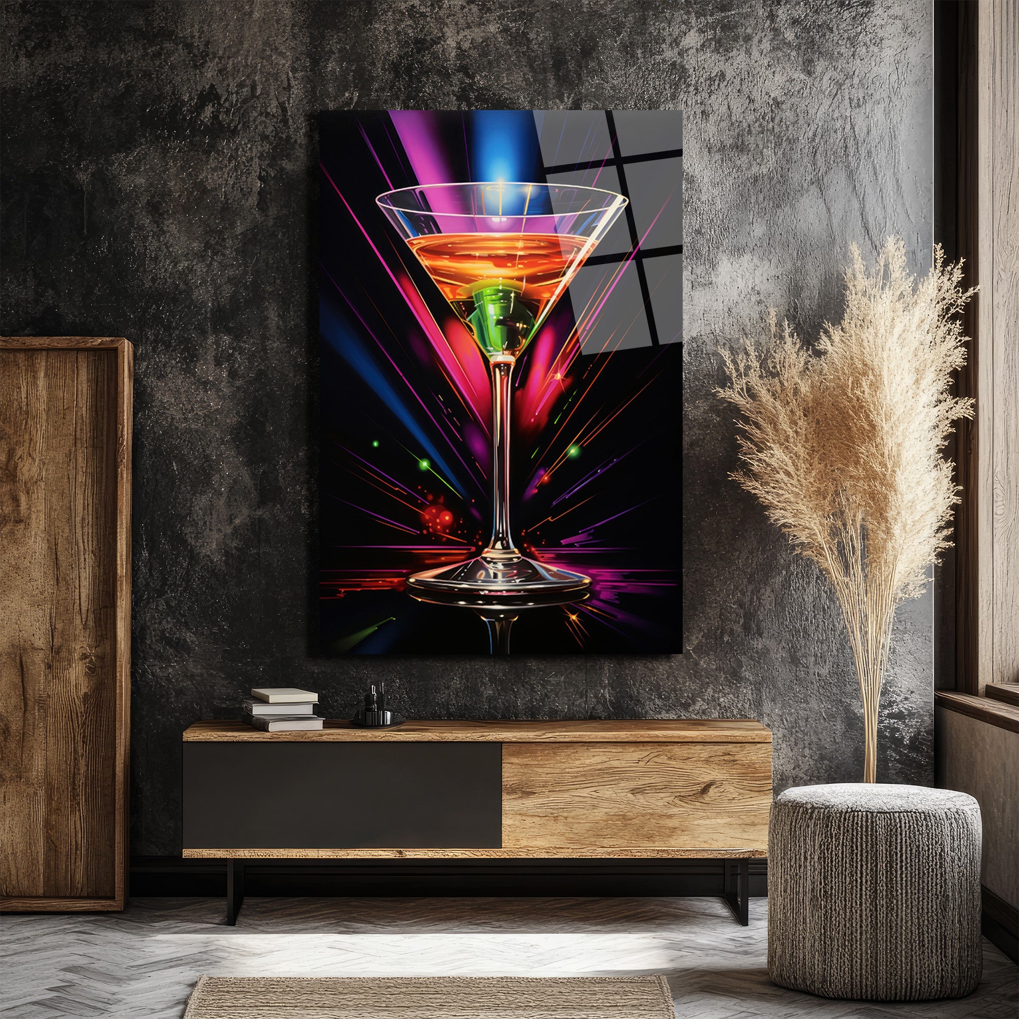 Neon Işıltılı Martini Kadehi Cam Tablo - Modern Bar Dekorasyonu