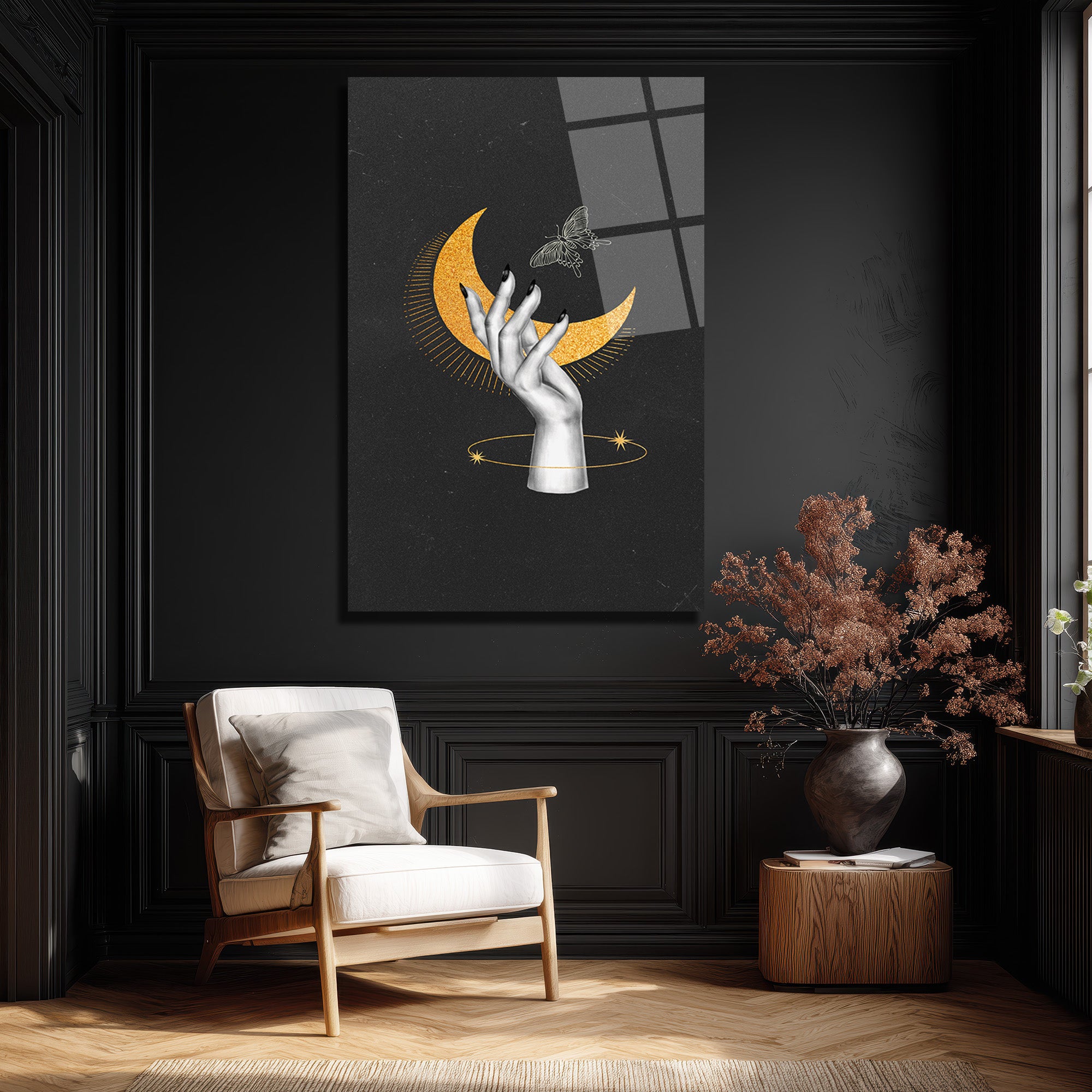 Ayın Gizemi Siyah Altın Cam Tablo