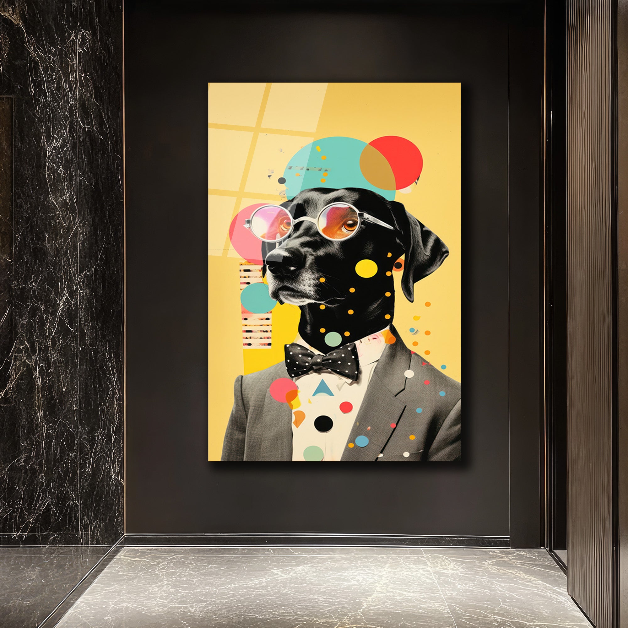 Kibar Köpek Pop Art Cam Tablo | Modern ve Eğlenceli Duvar Dekorasyonu